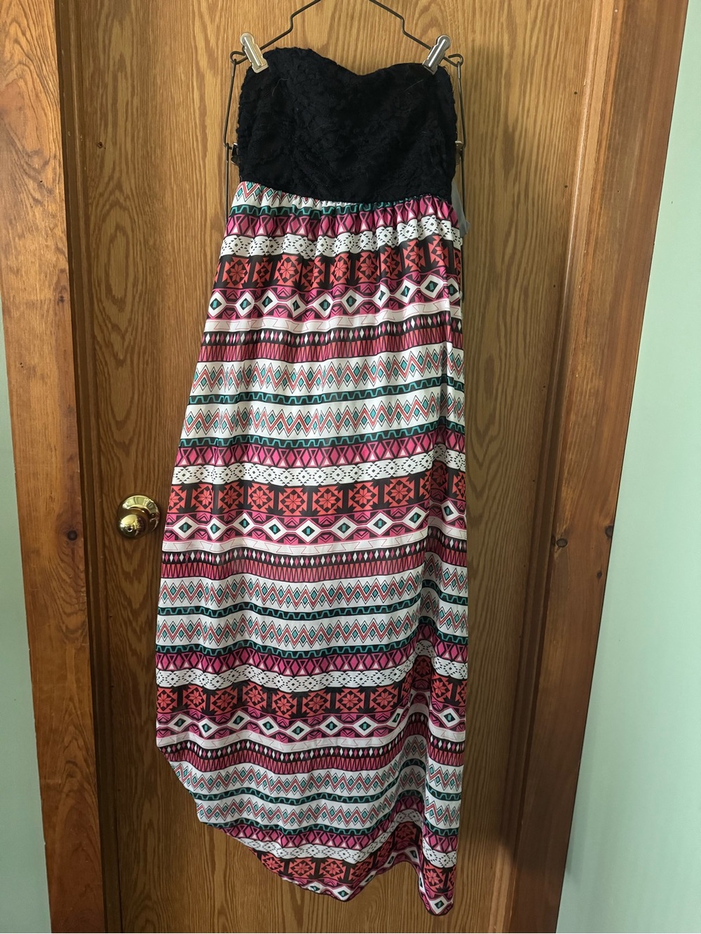 love J Strapless Maxi Skirt in Black with Pink, Red & Teal Pattern
